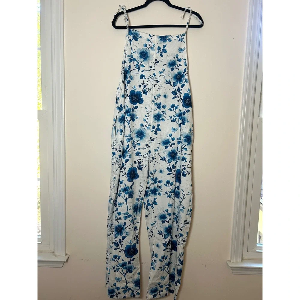 Womens Floral Jumpsuit Overalls Blue White Print Wide Leg Tie Strap Size‎ XXL - Picture 3 of 5